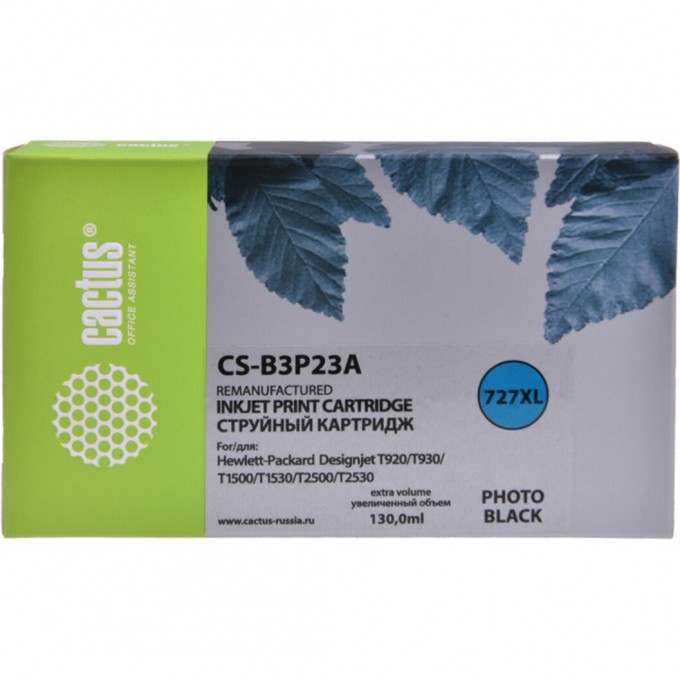 Струйный картридж CACTUS CS-B3P23A (HP 727) для HP DesignJet T920 ePrinter (CR354A), T930, T1500 ePrinter (CR356A), T1500 PostScript (CR357A), T1530, T2500 eMFP (CR358A), T2530, увеличенной емкости, для фото-печати, черный, 130 мл CS-B3P23A-1 Струйный картридж CACTUS CS-B3P23A (HP 727) для HP DesignJet T920 ePrinter (CR354A), T930, T1500 ePrinter (CR356A), T1500 PostScript (CR357A), T1530, T2500 eMFP (CR358A), T2530, увеличенной емкости, для фото-печати, черный, 130 мл CS-B3P23A-1
