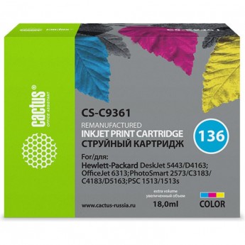 Струйный картридж CACTUS CS-C9361 (HP 136) для HP DeskJet 5400, 5440, D4160, D4163; OfficeJet 6310, 6315; PhotoSmart 2575, 7850, C3110, C3125, C3140, C3170, C3190, C4110, C4140, C4150, C4170, C4190; PSC 1503, 1510, 1513, цветной, 18 мл Струйный картридж CACTUS CS-C9361 (HP 136) для HP DeskJet 5400, 5440, D4160, D4163; OfficeJet 6310, 6315; PhotoSmart 2575, 7850, C3110, C3125, C3140, C3170, C3190, C4110, C4140, C4150, C4170, C4190; PSC 1503, 1510, 1513, цветной, 18 мл