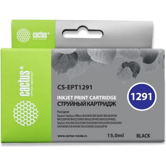 Струйный картридж Cactus (T1291) для принтеров Epson Stylus SX230, SX420w, SX430w, SX440w, SX525wd, SX535wd, Stylus Office B42wd, BX305f, BX320fw, BX625fwd, BX635fwd, WF 3520dwf, WF 7015, черный, 15 мл CS-EPT1291 Струйный картридж Cactus (T1291) для принтеров Epson Stylus SX230, SX420w, SX430w, SX440w, SX525wd, SX535wd, Stylus Office B42wd, BX305f, BX320fw, BX625fwd, BX635fwd, WF 3520dwf, WF 7015, черный, 15 мл CS-EPT1291