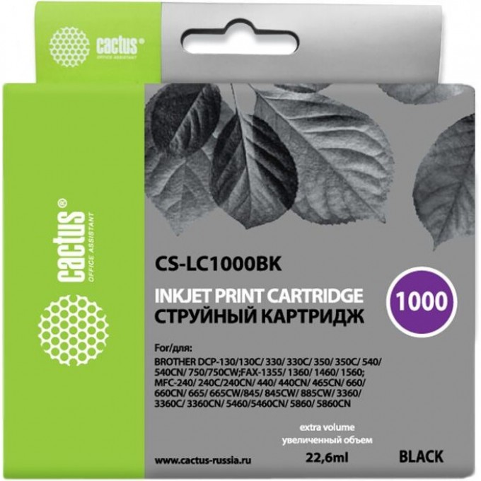 Струйный картридж CACTUS (LC1000BK) для принтеров Brother DCP-130c, 330c, 350c, 357c, 540cn, 560cn, 750cw, 770cw, MFC-240c, 440cn, 465cn, 660cn, 680cn, 845cw, 885cw, 3360c, 5460cn, черный, 22,6 мл CS-LC1000BK Струйный картридж CACTUS (LC1000BK) для принтеров Brother DCP-130c, 330c, 350c, 357c, 540cn, 560cn, 750cw, 770cw, MFC-240c, 440cn, 465cn, 660cn, 680cn, 845cw, 885cw, 3360c, 5460cn, черный, 22,6 мл CS-LC1000BK