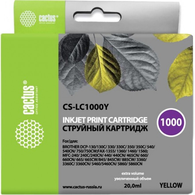 Струйный картридж CACTUS (LC1000Y) для принтеров Brother DCP-130c, 330c, 350c, 357c, 540cn, 560cn, 750cw, 770cw, MFC-240c, 440cn, 465cn, 660cn, 680cn, 845cw, 885cw, 3360c, 5460cn, желтый, 20 мл CS-LC1000Y Струйный картридж CACTUS (LC1000Y) для принтеров Brother DCP-130c, 330c, 350c, 357c, 540cn, 560cn, 750cw, 770cw, MFC-240c, 440cn, 465cn, 660cn, 680cn, 845cw, 885cw, 3360c, 5460cn, желтый, 20 мл CS-LC1000Y