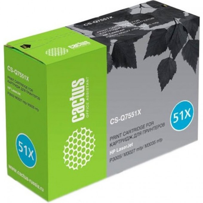 Лазерный картридж CACTUS (HP 51X) для HP LaserJet M3027 MFP, M3027x MFP, M3035 MFP, M3035x MFP, M3035xs MFP, P3005, P3005d, P3005dn, P3005dtn, P3005n, P3005x, черный, увеличенной емкости, 13 000 стр. CS-Q7551X Лазерный картридж CACTUS (HP 51X) для HP LaserJet M3027 MFP, M3027x MFP, M3035 MFP, M3035x MFP, M3035xs MFP, P3005, P3005d, P3005dn, P3005dtn, P3005n, P3005x, черный, увеличенной емкости, 13 000 стр. CS-Q7551X