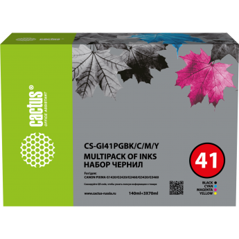 Чернила CACTUS CS-GI41PGBK/C/M/Y голубой, пурпурный, желтый, черный для Canon PIXMA G1420, G2420, G2460, G3420, G3460, 350 мл Чернила CACTUS CS-GI41PGBK/C/M/Y голубой, пурпурный, желтый, черный для Canon PIXMA G1420, G2420, G2460, G3420, G3460, 350 мл