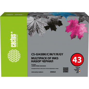 Чернила CACTUS CS-GI43BK/C/M/Y/R/GY голубой, пурпурный, желтый, черный 6x для Canon Pixma G640, 540 Чернила CACTUS CS-GI43BK/C/M/Y/R/GY голубой, пурпурный, желтый, черный 6x для Canon Pixma G640, 540