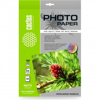 Фотобумага CACTUS CS-MSA410050 A4/100г/м2/50л./белый матовое самоклейющаяся для струйной печати Фотобумага CACTUS CS-MSA410050 A4/100г/м2/50л./белый матовое самоклейющаяся для струйной печати