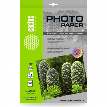 Фотобумага CACTUS CS-GSA4130100 A4 130г/м2 глянцевая самоклеящаяся для струйной печати 100л Фотобумага CACTUS CS-GSA4130100 A4 130г/м2 глянцевая самоклеящаяся для струйной печати 100л