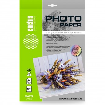 Фотобумага CACTUS CS-MA4230100 A4 230г/м2 белая матовая для струйной печати 100л Фотобумага CACTUS CS-MA4230100 A4 230г/м2 белая матовая для струйной печати 100л