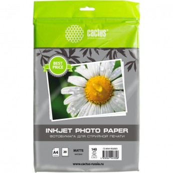 Фотобумага CACTUS CS-MA414020ED, формат A4, 140г/м2, белая Фотобумага CACTUS CS-MA414020ED, формат A4, 140г/м2, белая
