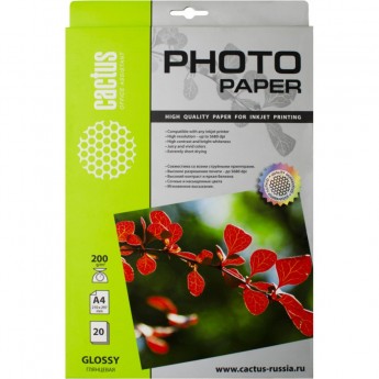 Фотобумага CACTUS CS-GA420020, формат A4, 200г/м2, белая Фотобумага CACTUS CS-GA420020, формат A4, 200г/м2, белая
