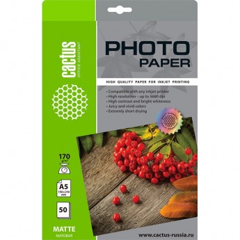 Фотобумага CACTUS CS-MA517050, формат A5, 170г/м2, белая Фотобумага CACTUS CS-MA517050, формат A5, 170г/м2, белая