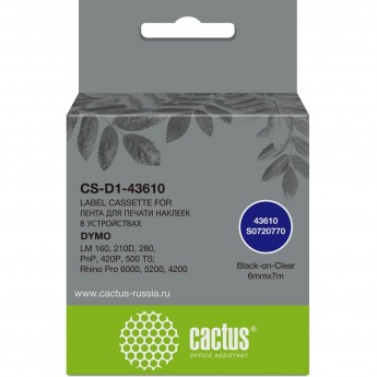 Картридж ленточный CACTUS CS-D1-43610 (43610) черный/прозрачный для Dymo LM 160, 210D, 280, PnP, 420P, 500 TS; Rhino Pro 6000, 5200, 4200