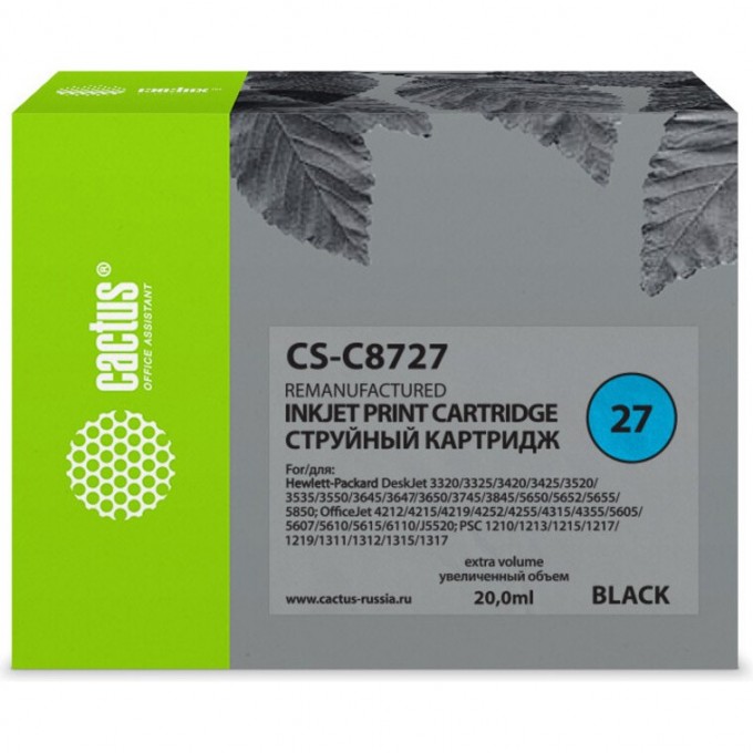 Струйный картридж CACTUS (HP 27) для HP DeskJet 3320, 3420, 3520, 3535, 3550, 3645, 3650, 3740, 3840, 5150, OfficeJet 4211, 4251, 4311, 4352, 5600, 5610, PSC 1310, 1340, 1350, черный, 20 мл CS-C8727 Струйный картридж CACTUS (HP 27) для HP DeskJet 3320, 3420, 3520, 3535, 3550, 3645, 3650, 3740, 3840, 5150, OfficeJet 4211, 4251, 4311, 4352, 5600, 5610, PSC 1310, 1340, 1350, черный, 20 мл CS-C8727